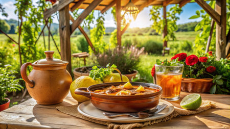 Goulash soup with lemon and herbs on wooden table in gardenの素材