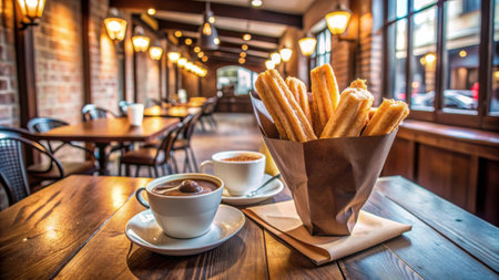 Coffee cup and churros on wooden table in cafeの素材