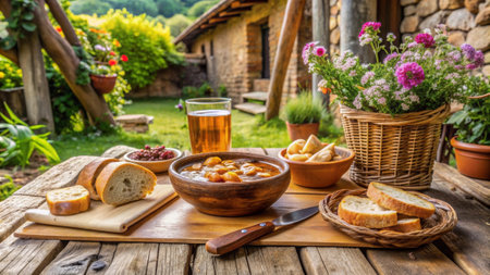 Bowl of beans soup and bread on a wooden table in the gardenの素材