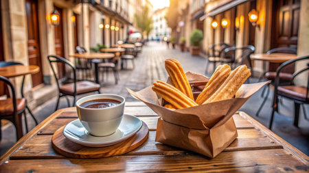 Coffee and churros on the street of Paris, Franceの素材