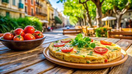 Omelette with tomatoes and parsley on a wooden table.の素材
