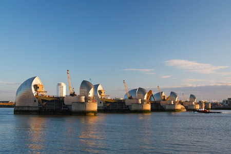 London s flood barrier on river Thames early in the morning のeditorial素材