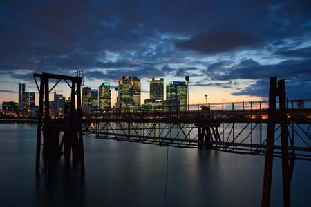 Looking towards Canary Wharf from North Greenwich over river Thames のeditorial素材