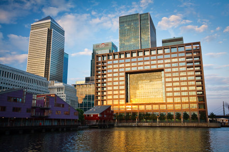 View of the Canary Wharf over the South Dock, London のeditorial素材