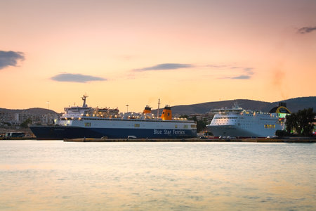 Evening in the passenger port of Piraeus, Athens のeditorial素材