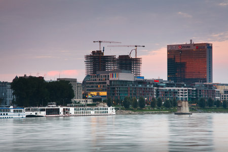 Buildings along river Danube in Bratislava, Slovakia.のeditorial素材