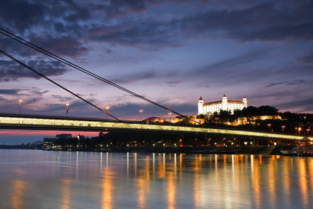 View of the Bratislava castle over the river Danube, Slovakia.のeditorial素材