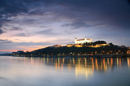 View of the Bratislava castle over the river Danube, Slovakia.のeditorial素材
