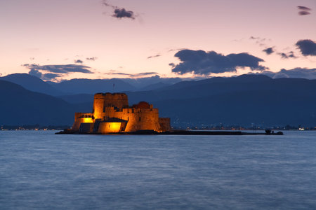 Bourtzi castle in the mouth of the harbour in Nafplion, Peloponnese, Greece.