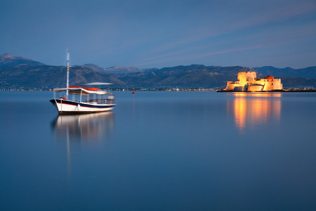Morning view of Bourtzi castle in Nafplio, Greece.の写真素材
