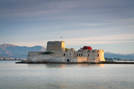 Morning scenery in Argolikos bay with Bourtzi castle, Greece.のeditorial素材