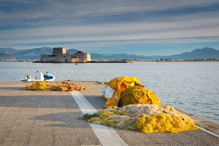 Fishing nets on a pier in Nafplio, Peloponnese, Greece.のeditorial素材
