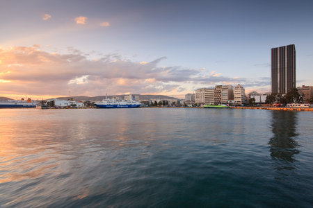 Passenger port and ferries in port of Piraeus, Athens, Greece.のeditorial素材