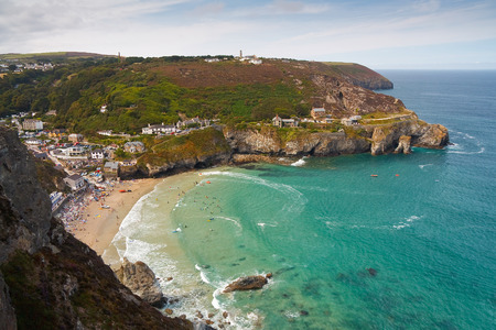 St. Agnes beach on lifeboat day, Cornwall, UK.の写真素材