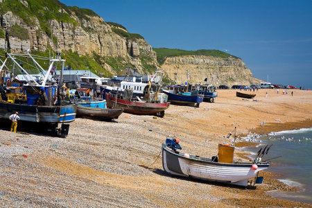 Fishing boats on the beach in Hastings, East Sussex, UK.のeditorial素材