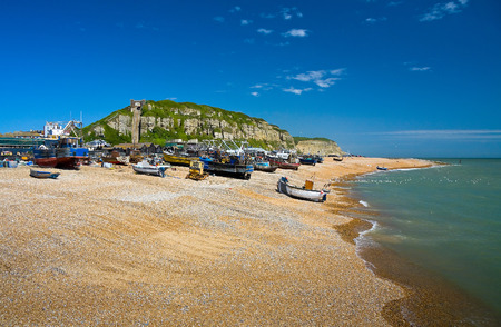 Fishing harbour on the beach in Hastings, East Sussex, UK.の写真素材