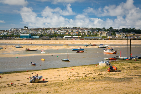 Delta of River Camel in low tide and Padstow, Cornwall, UK.の写真素材