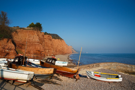 Boats on the slipway in Sidmouth, Devon, UK.の写真素材