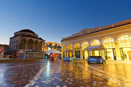 Wet Monastiraki square after morning cleaning, Athens, Greece.のeditorial素材
