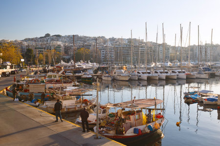 Yachts and fishing boats in Zea Marina in Athens, Greeceのeditorial素材