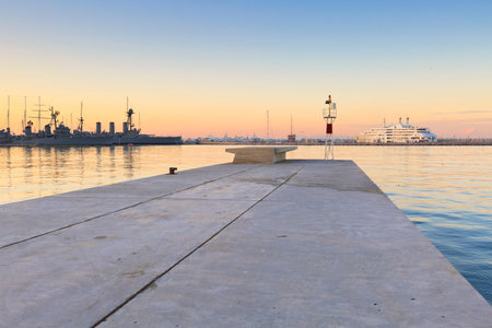 Harbour light and ships in Faliro, Athens, Greece.の写真素材
