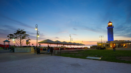 Coffee shop at the lighthouse in Patras Greeceのeditorial素材