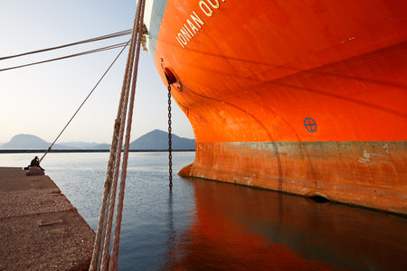 Ship docked in the port of Patras Peloponnese Greeceのeditorial素材