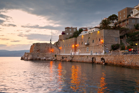 Seafront and mouth of the harbor in the town of Hydra..の写真素材