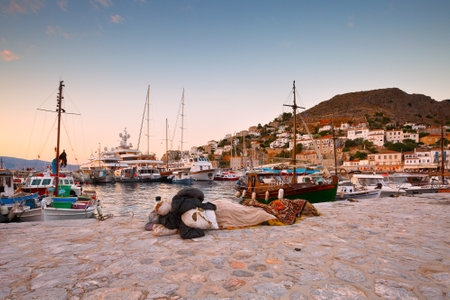 Pier, boats and fishing nets in the port of Hydraのeditorial素材