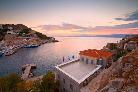 View of port of Hydra from a hill above the town.の写真素材