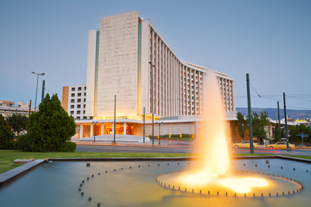 Fountain in front of hotel Hilton in Evangelismos in central Athensのeditorial素材
