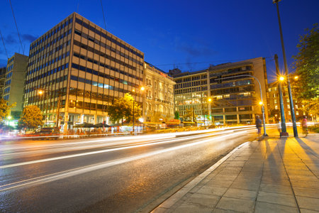 Buildings and night traffic in Syntagma square in Athensのeditorial素材