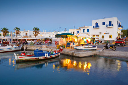 Coffee shops on the seafront in the harbour of Naousa village on Paros island, Greeceのeditorial素材