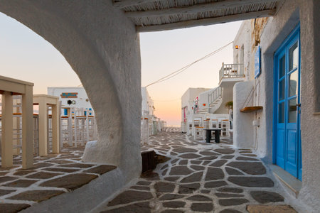 Coffee shops in the port of Naousa village on Paros island, Greeceのeditorial素材