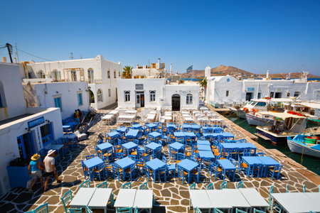 Restaurants in the port of Naousa village on Paros island, Greeceのeditorial素材