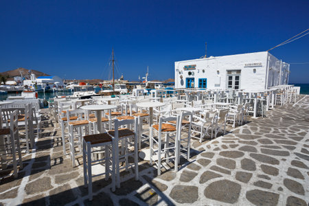 Coffee shop in the harbour of Naousa village on Paros island, Greeceのeditorial素材