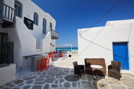 Coffee shop on the beach in Naousa village on Paros island, Greeceのeditorial素材