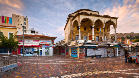 Empty monastiraki square early in the morning. There is a fruit seller setting up his standのeditorial素材