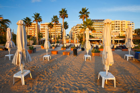 Umbrellas on the beach in Palaio Faliro in Athens, Greeceのeditorial素材