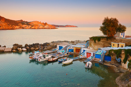 Small harbour with fishing boats in Mandrakia village on the northern coast of Milos islandのeditorial素材