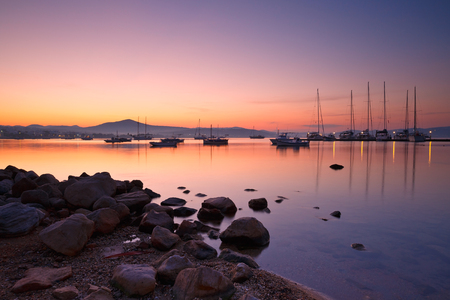Milos bay of the Milos island as seen from Adamantas harbourの写真素材