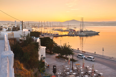 Adamantas harbour and seafront on an early morningのeditorial素材