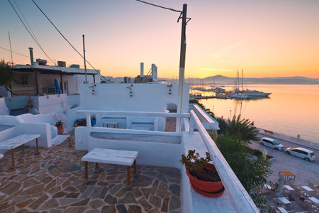 Adamantas harbour and seafront on an early morningのeditorial素材