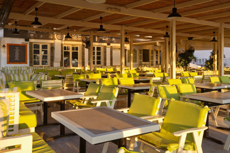 Coffee shop at the seafront of Adamantas village early in the morningのeditorial素材