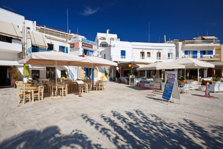 Shops at the seafront of Adamantas villageのeditorial素材