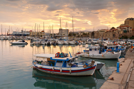 Old harbour with fishing boats and marina in Heraklion, Crete, Greeceのeditorial素材