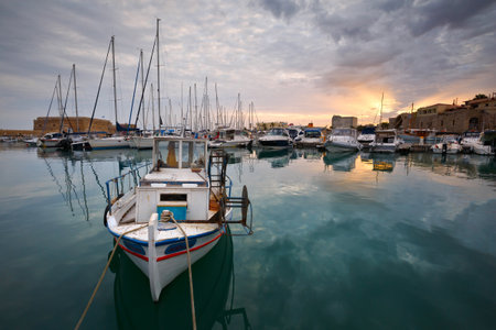 Old harbour with fishing boats and marina in Heraklion, Crete, Greeceのeditorial素材