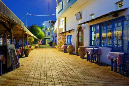 Souvlaki restaurant at the seafront of Makrygialos village in the south eastern Crete, Greeceのeditorial素材
