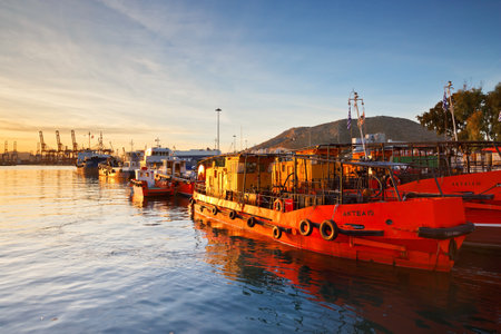 Oil and debris skimmer boats at the container port in Piraeus, Athensのeditorial素材