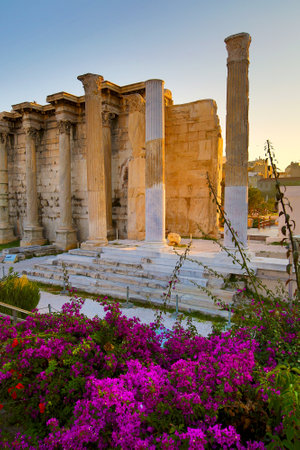 Remains of the Hadrian's Library and the old mosque in Monastiraki square in Athens, Greeceのeditorial素材